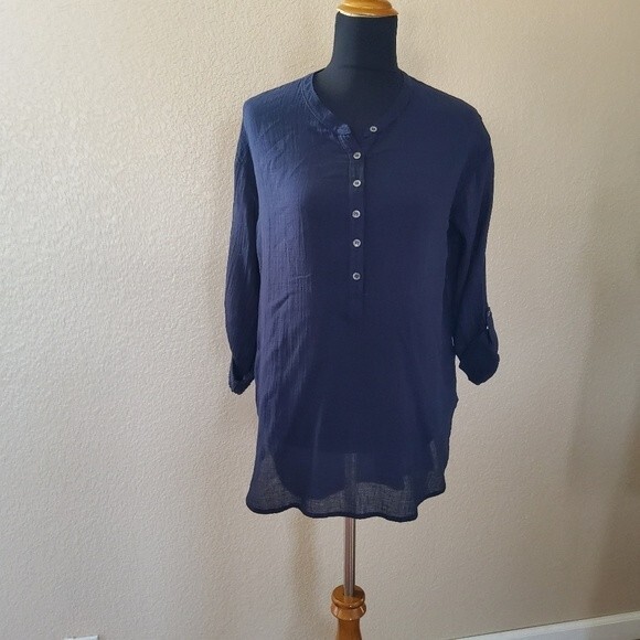 Three Dots Henley Semi Sheer Gauze Tunic Top M Navy Blue New - Picture 12 of 16